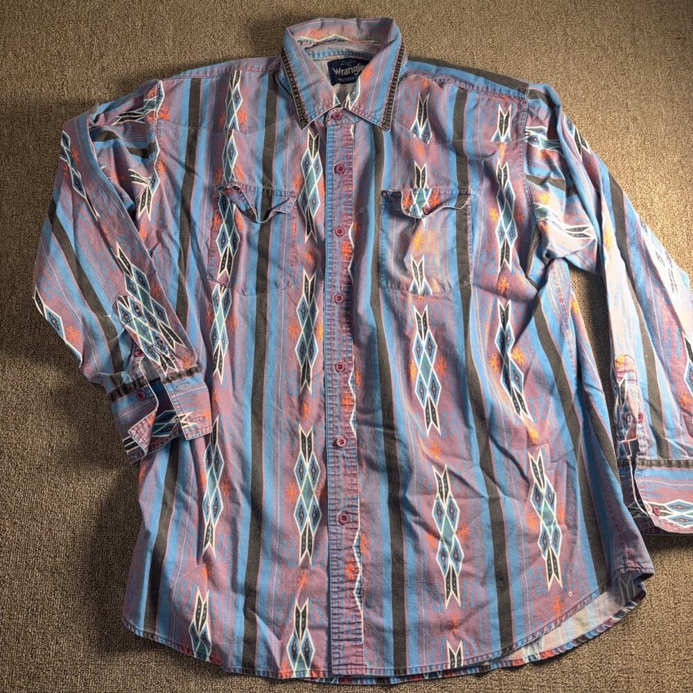 Vintage Wrangler Men’s Rodeo Button Up Shirt Aztec Design XL Long Sleeve